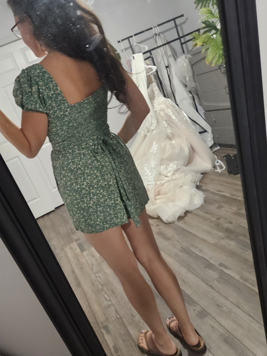 Pants - Green Floral Short Sleeve Romper With Pockets